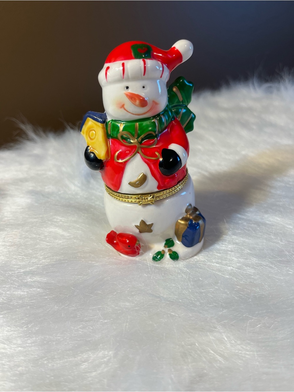 Porcelain Snowman Trinket Box with Cardinal